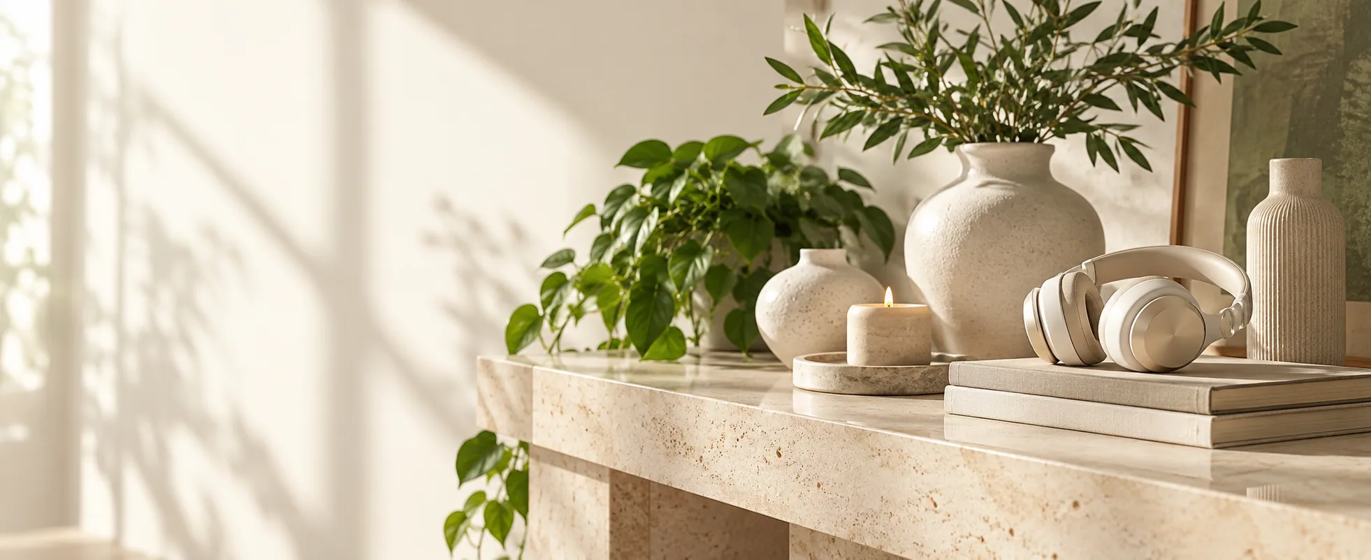 Warm living room console with plants, ceramics, and headphones