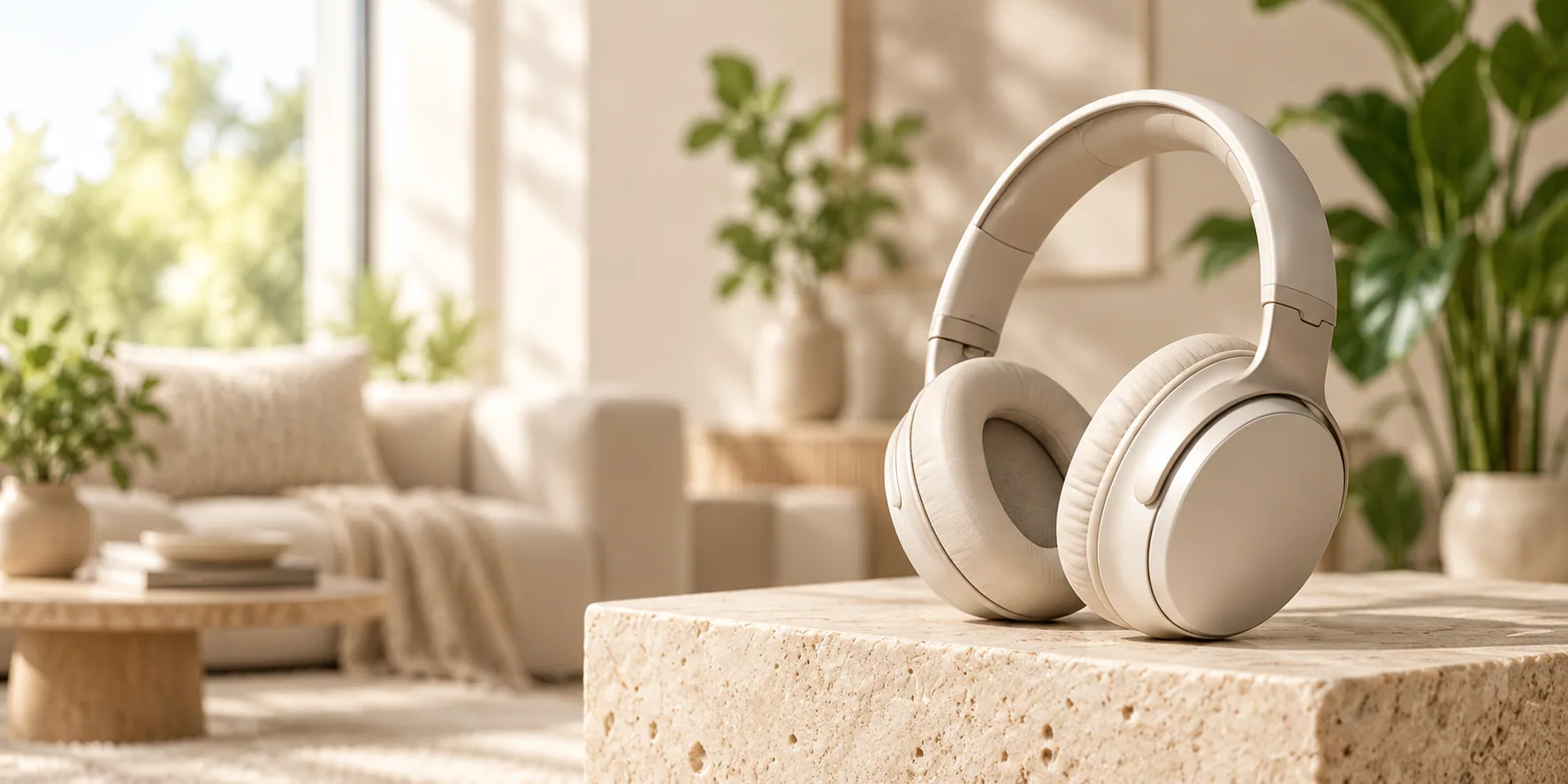 Ivory wireless headphones in a warm, sunlit living room